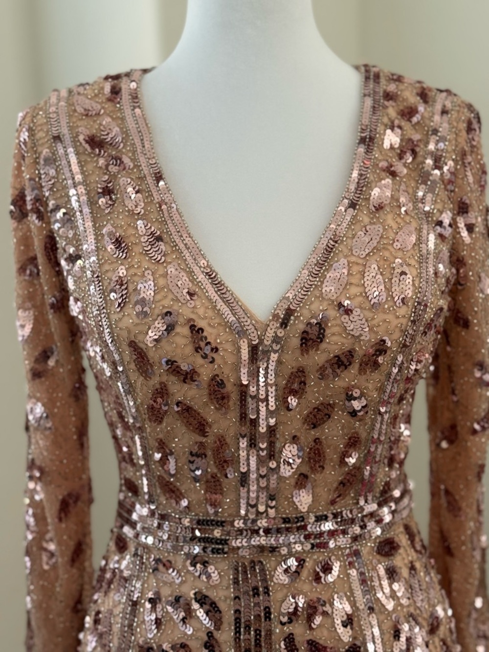 Mac Duggal Rose Gold Sequin V-Neck Long Sleeve Gown - Picture 3 of 6